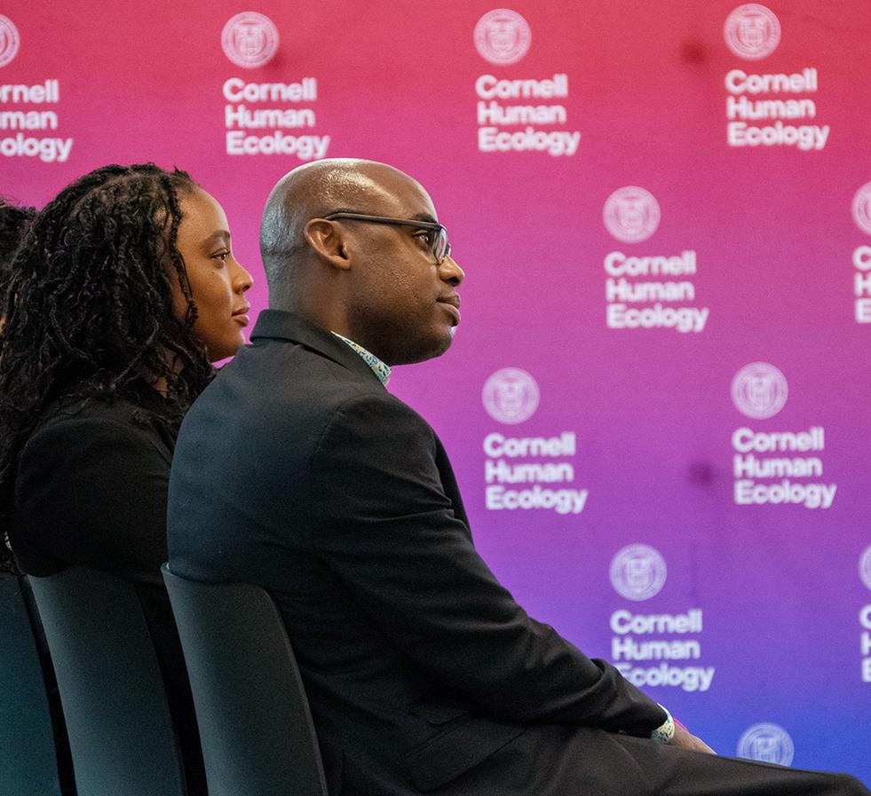 row of people in profile with a backgound of a purple and red pattern with the Cornell Human Ecology logo on it