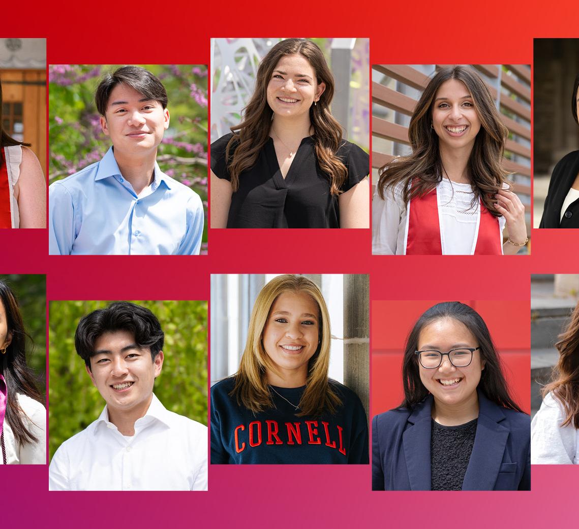 a graphic with ten portraits of undergrads on a solid gradient color background of red to purple