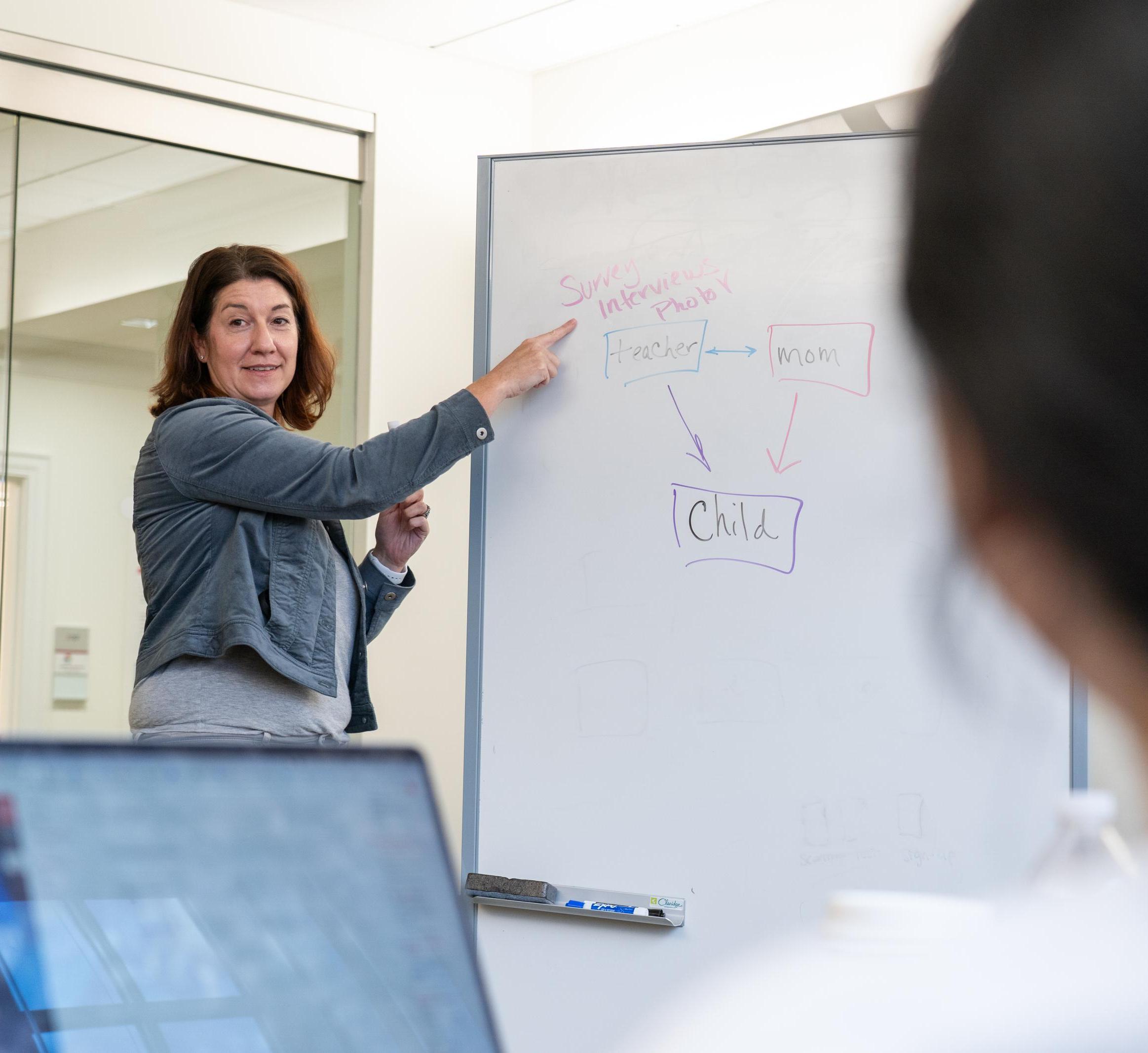 Laura Bellows draws on a marker board