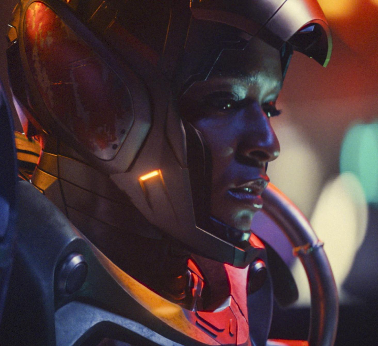 woman in futuristic helmet in a sci fi setting