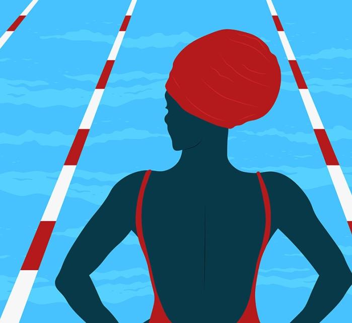 illustration of a woman standing at the side of a pool in a swim cap