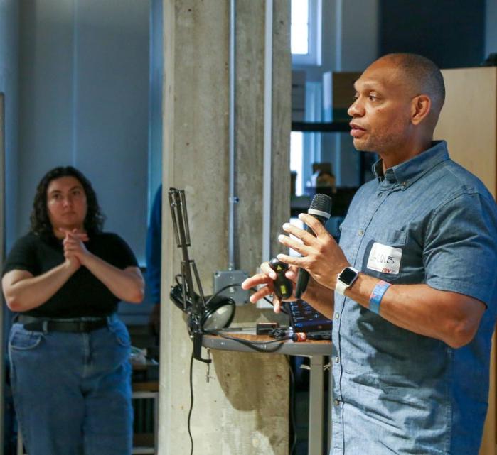 Jacques Stroud, a Prototyping Hardware Accelerator alum, pitches his idea for a wearable device that alerts users when they suffer from a mentally distressful episode.