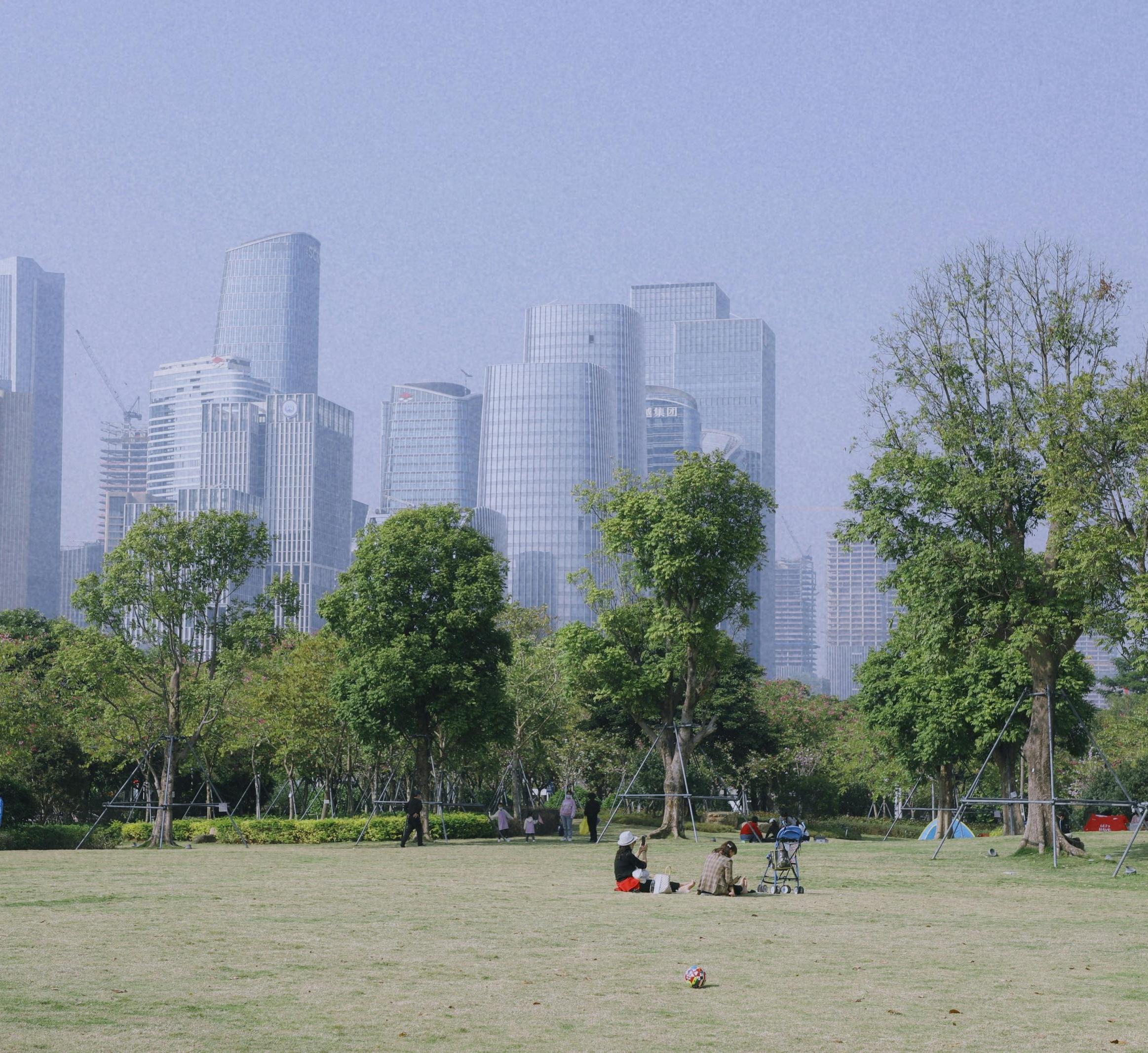 urban park with skyline in background 