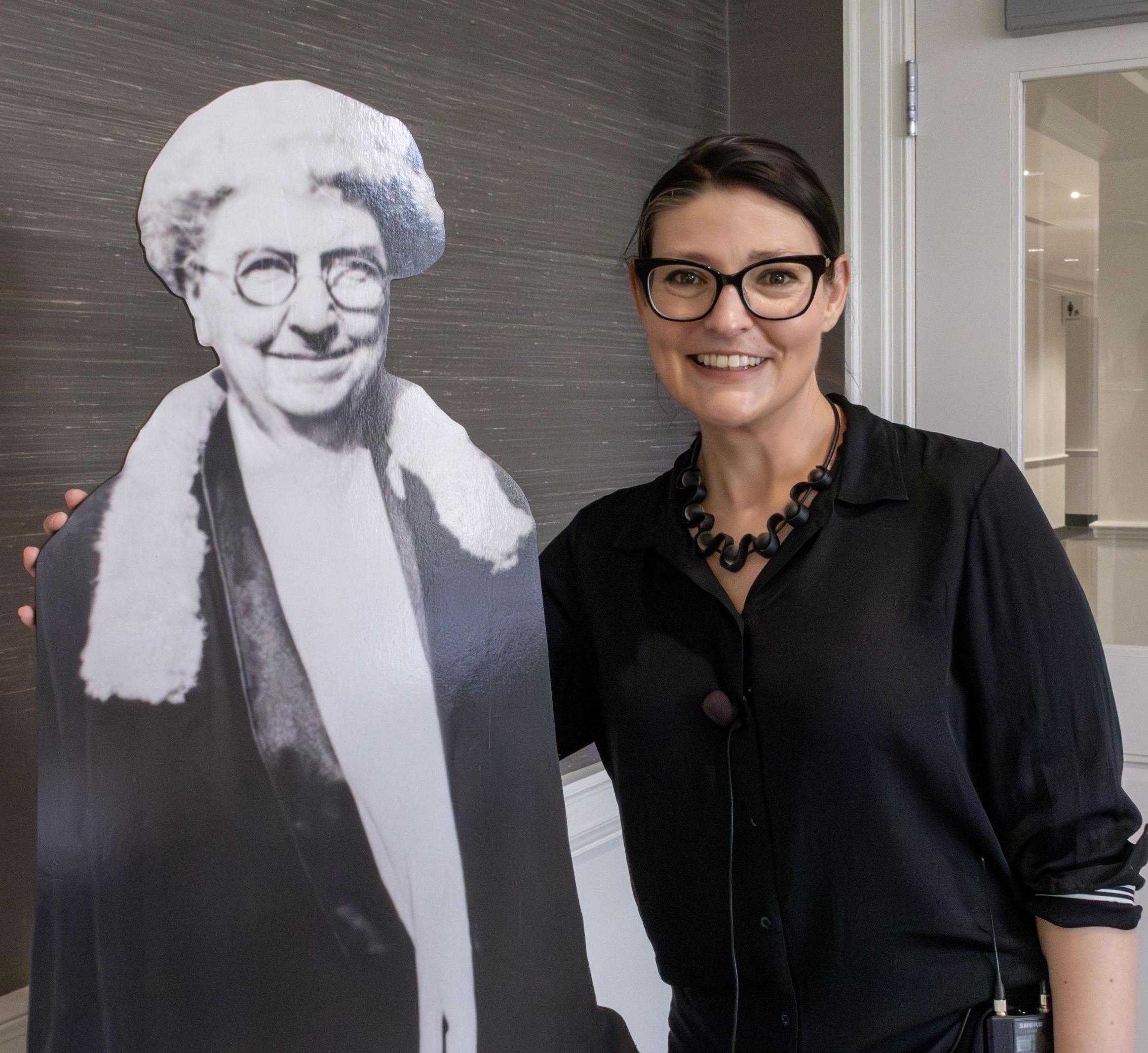 Tara Pearson poses with a cut out of MVR.