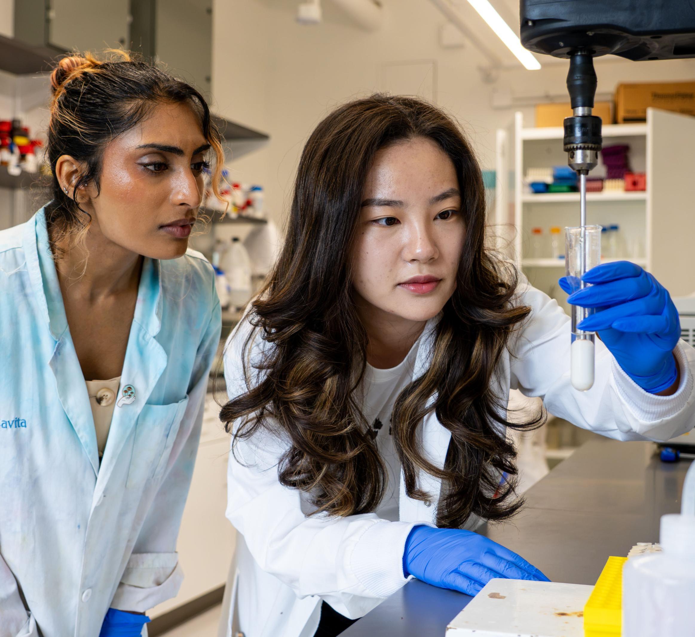 Two students in a lab working with an instrument.