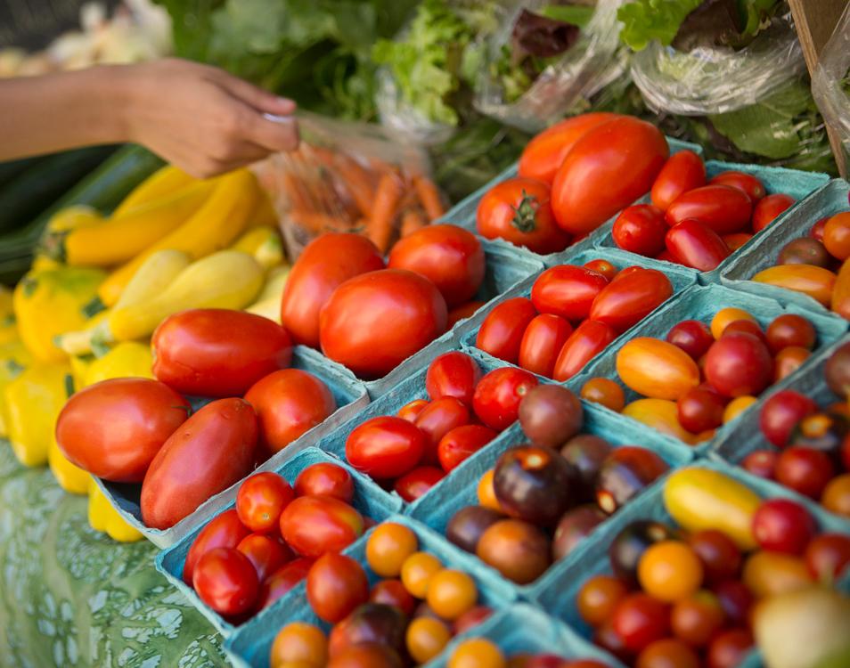 fresh tomatoes, squash and carrots at a farmers market