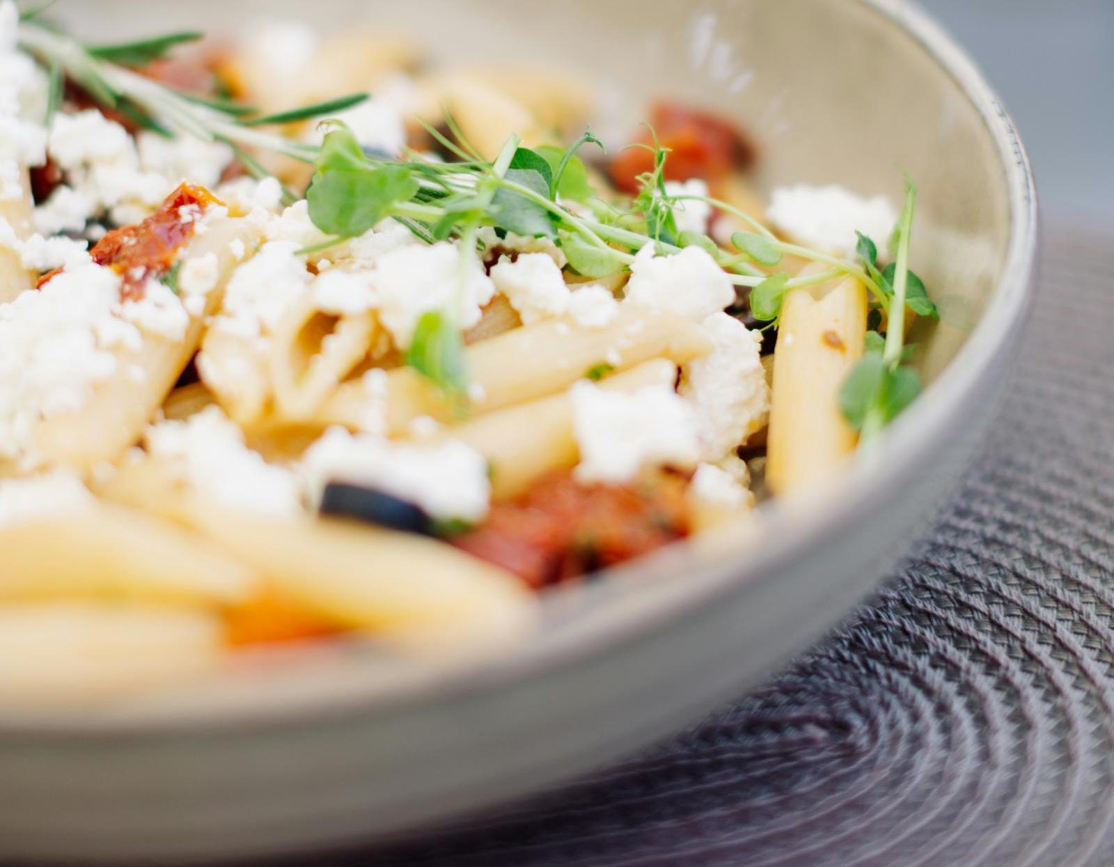 close up of mediterranean pasta bowl