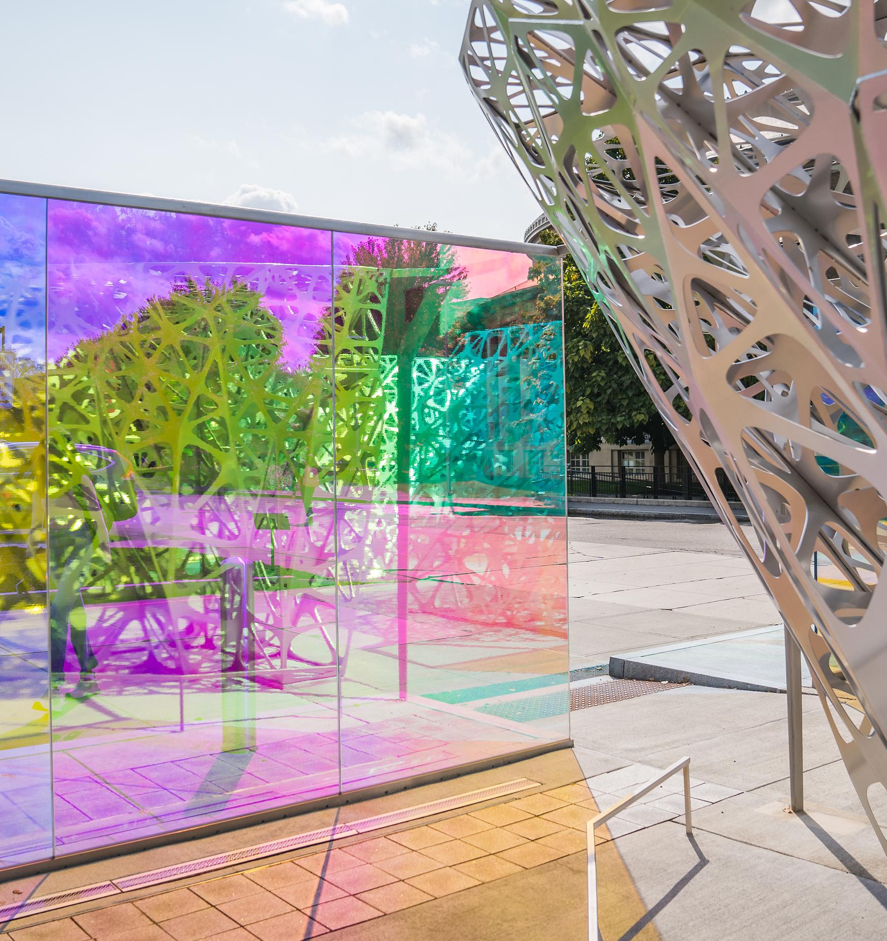 colorful glass and metal outdoor sculpture