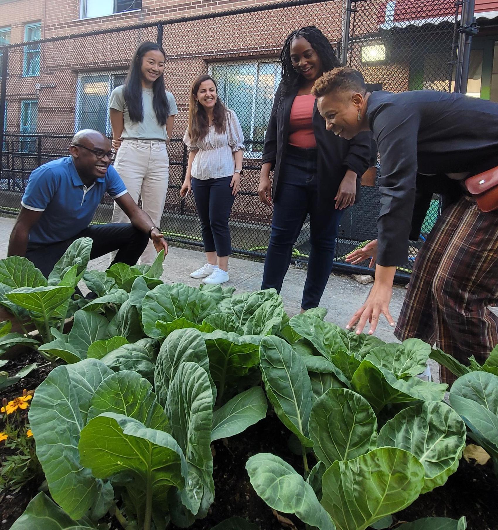 A group of people laugh while visiting an urban garden.
