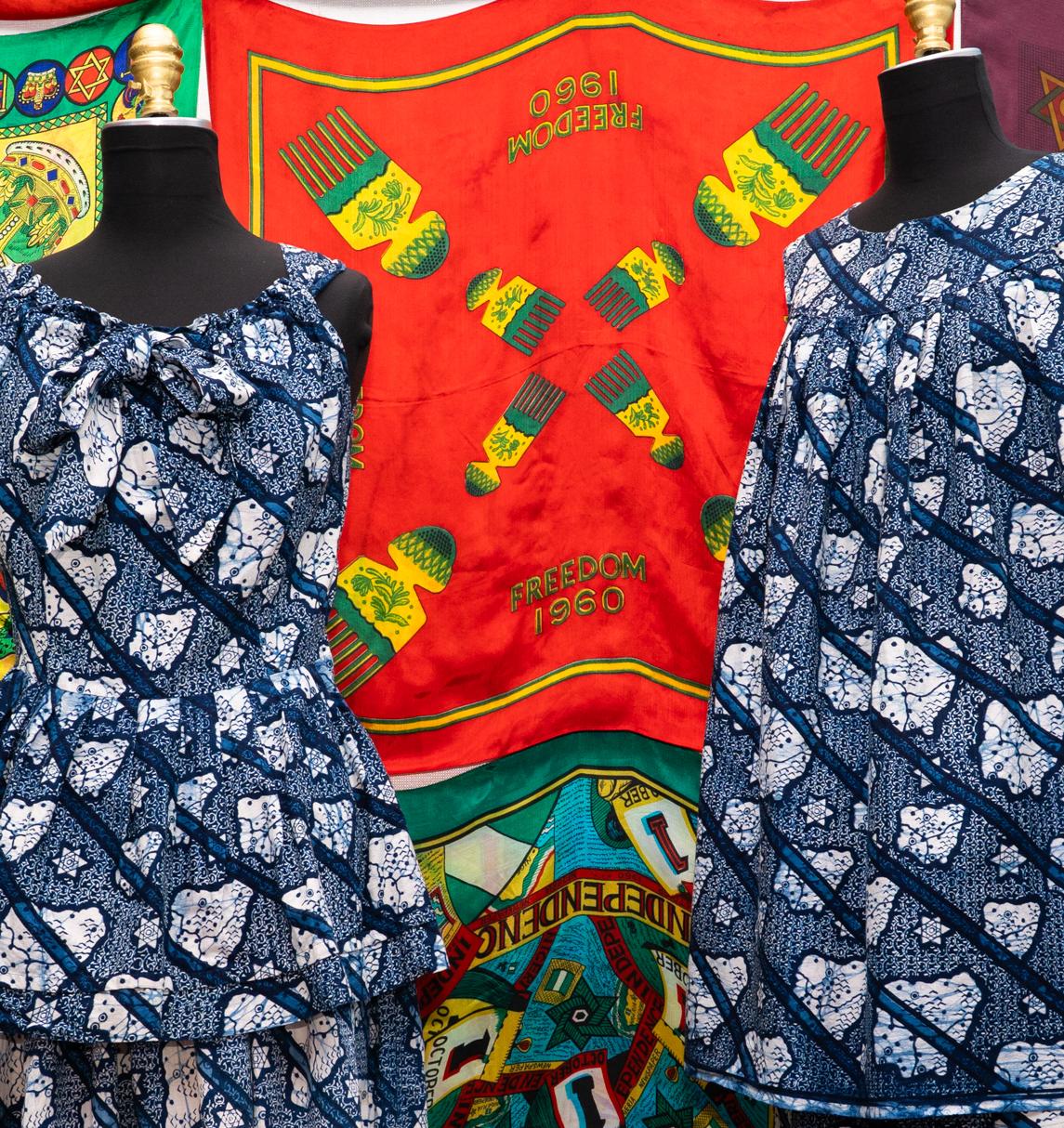 blue african print clothing on mannequins