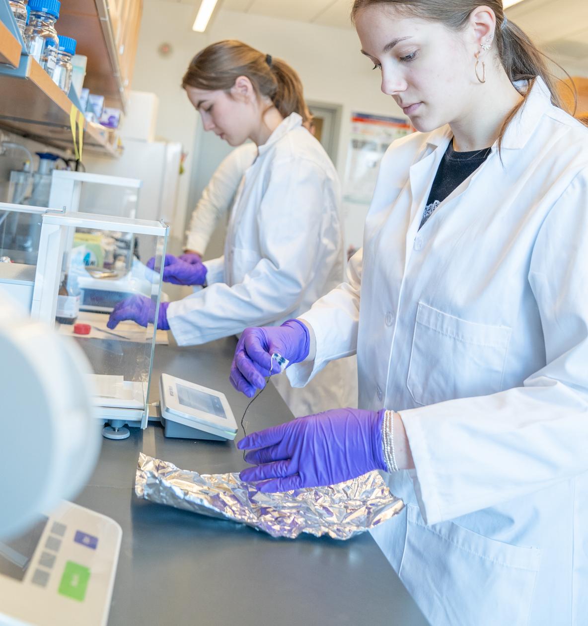 woman puts a wire on a piece of aluminum foil while wearing purple gloves