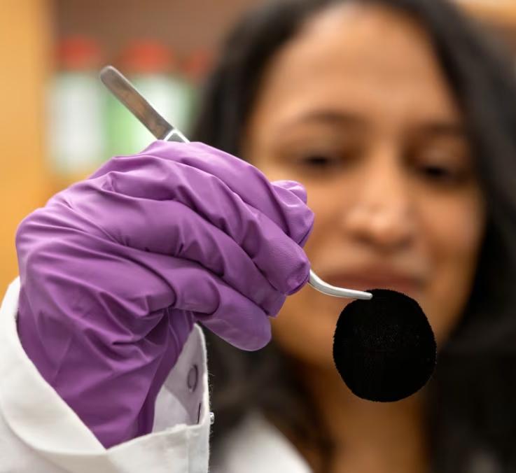 PhD candidate Hansadi Jayamah demonstrates the process for making their avian-inspired ultrablack dyed fabric
