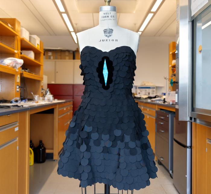 A dress designed by Zoe Alvarez ’25, a fashion design major, and inspired by the magnificent riflebird, uses the ultra-black material and other deep-black fabrics