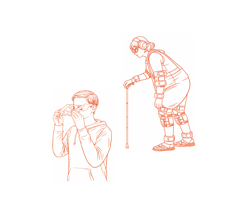 A person wearing an aging simulation suit, and another person putting on simulation glasses.