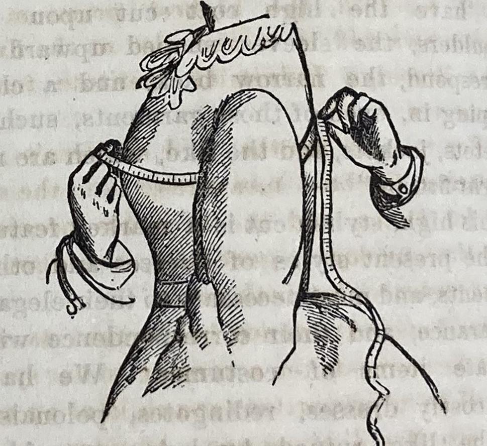 Hands using a tape measure and measuring a woman's chest.