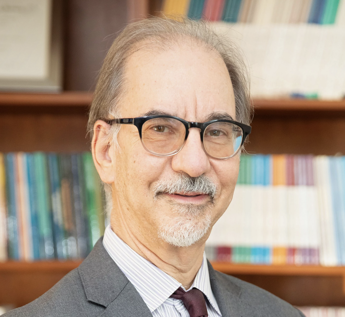 A man with glasses, wearing a grey suit, striped shirt and dark brown tie stands in front of a bookshelf