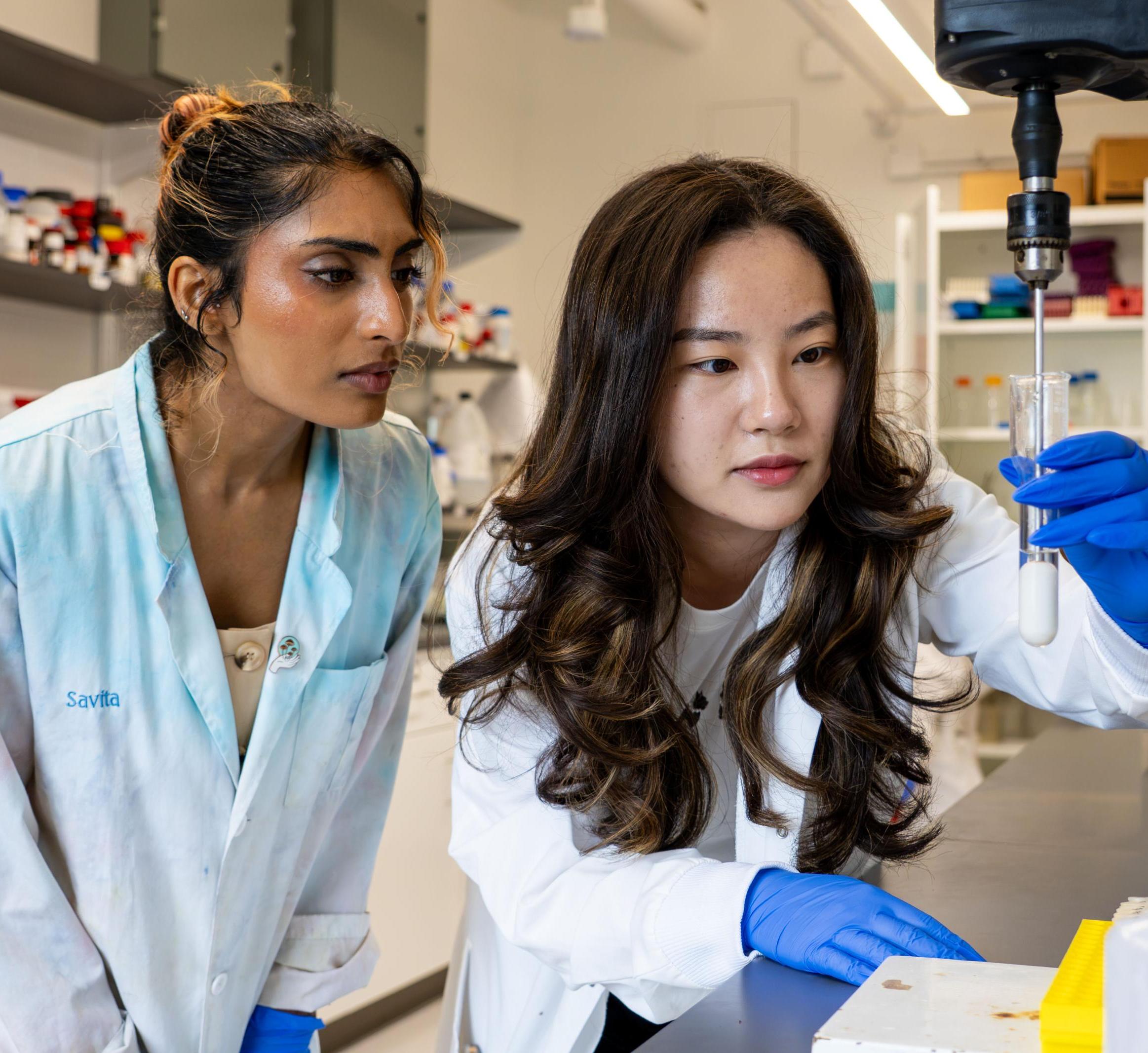 Two students in a lab working with an instrument.