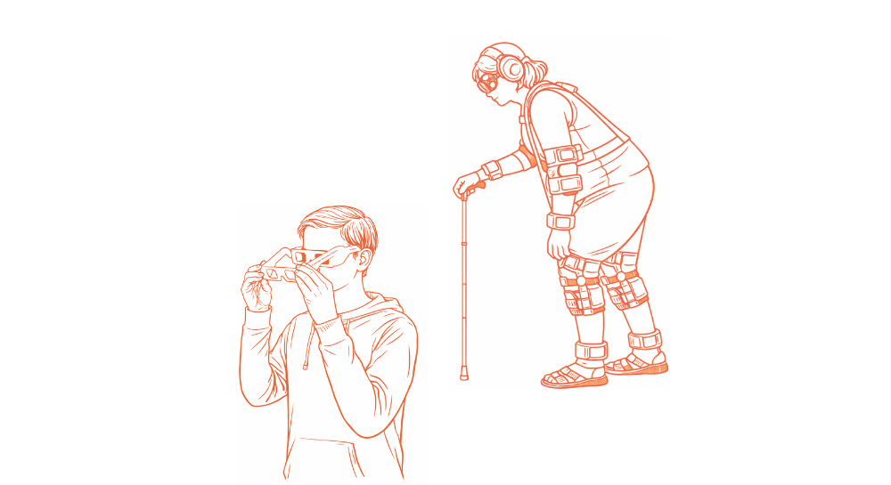 A person wearing an aging simulation suit, and another person putting on simulation glasses.