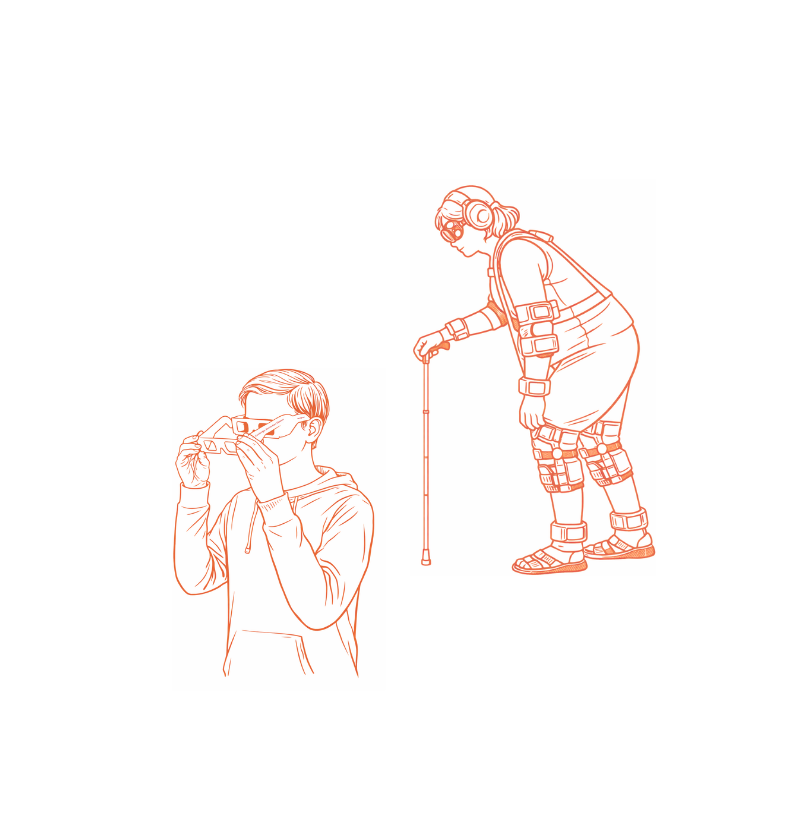 A person wearing an aging simulation suit, and another person putting on simulation glasses.