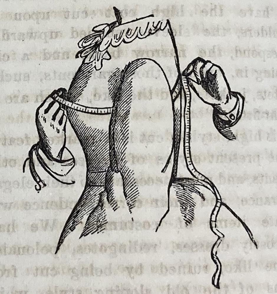 Hands using a tape measure and measuring a woman's chest.