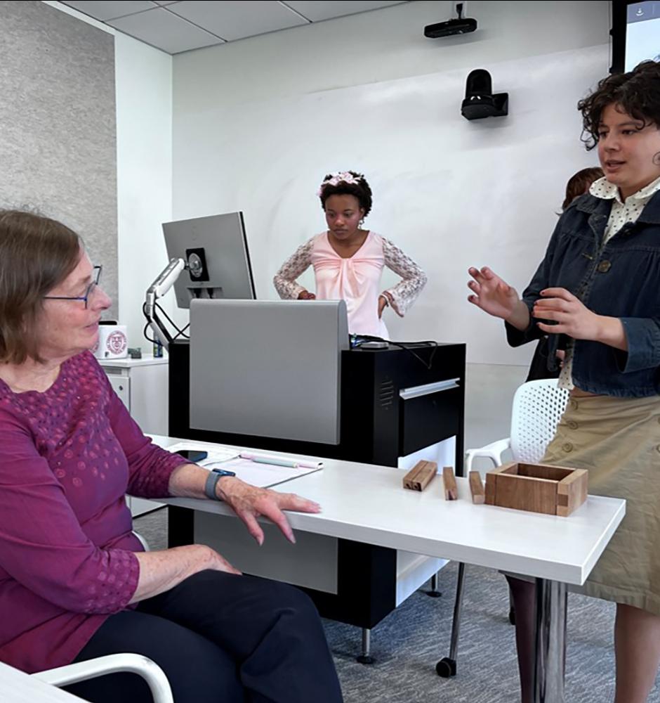A student explaining a project to a professor.