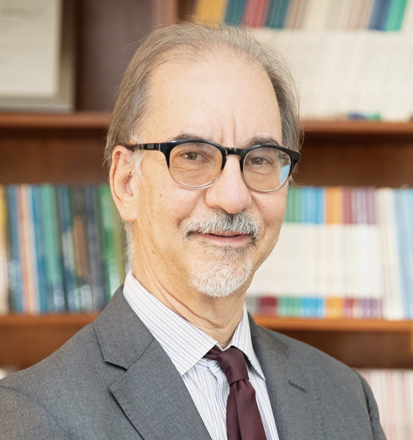 A man with glasses, wearing a grey suit, striped shirt and dark brown tie stands in front of a bookshelf