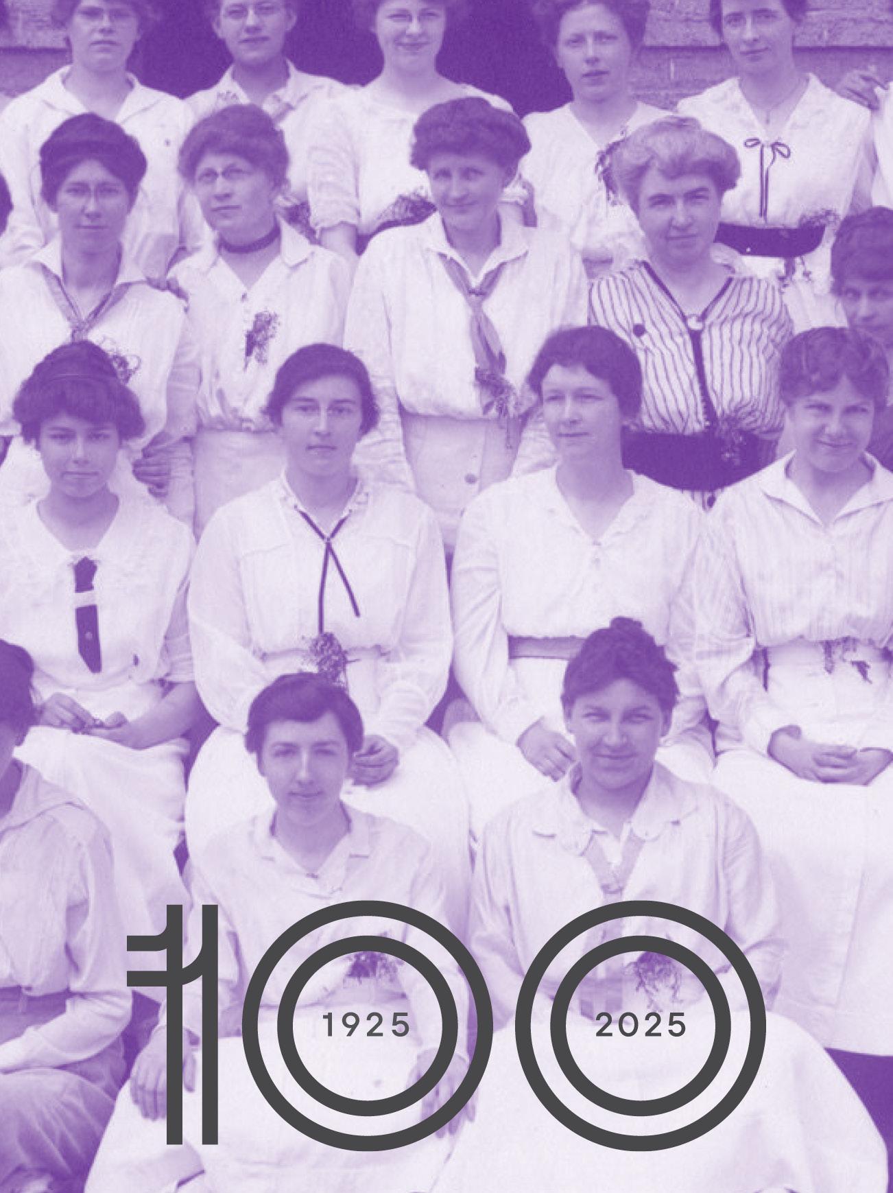 purple tinted image of women from the 1920s in white dresses sitting in rows with a black graphic reading "100" with "1925" and "2025" in the zeroes