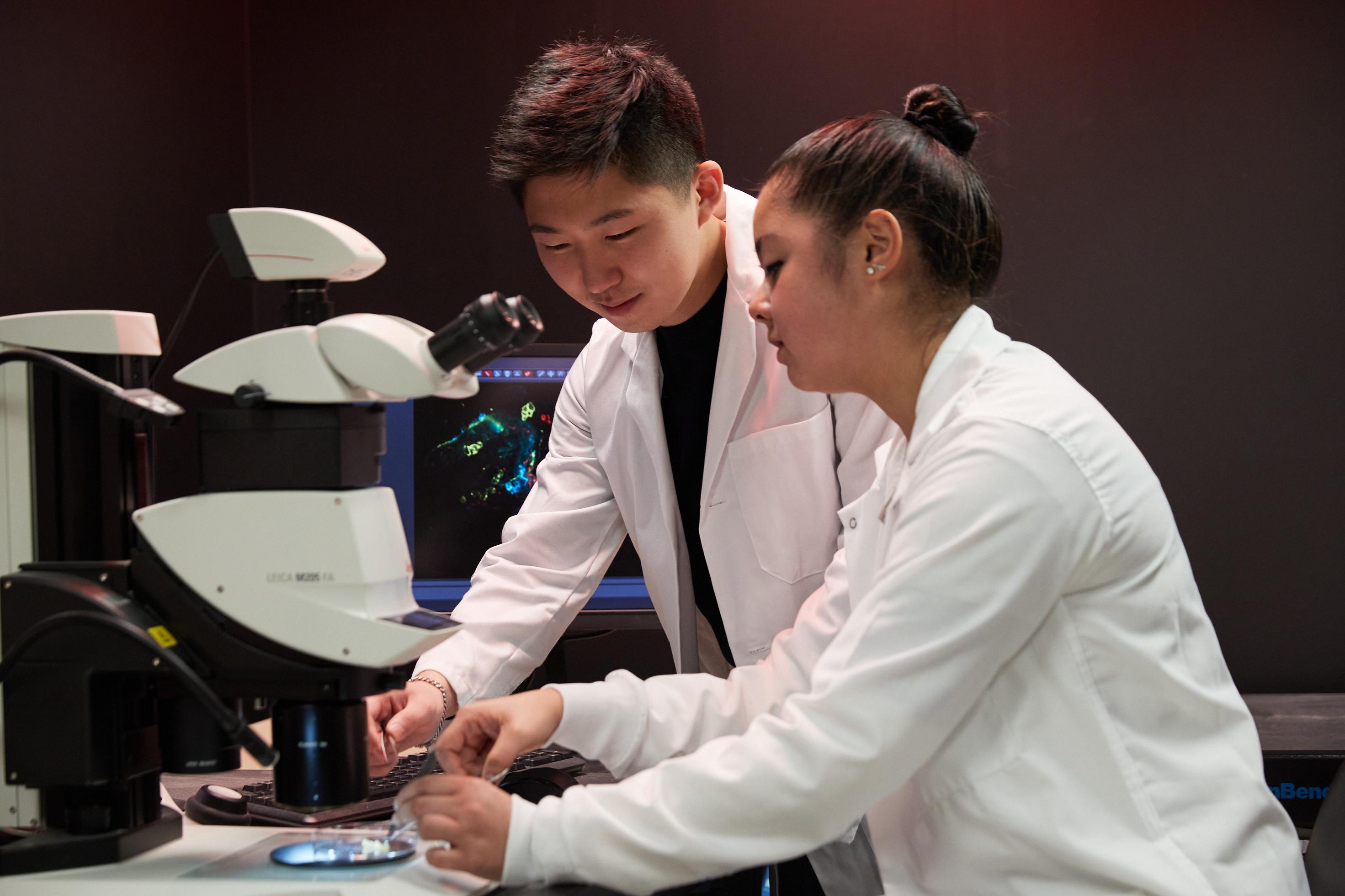 two college students in lab coats examine a sample to view under a microscope