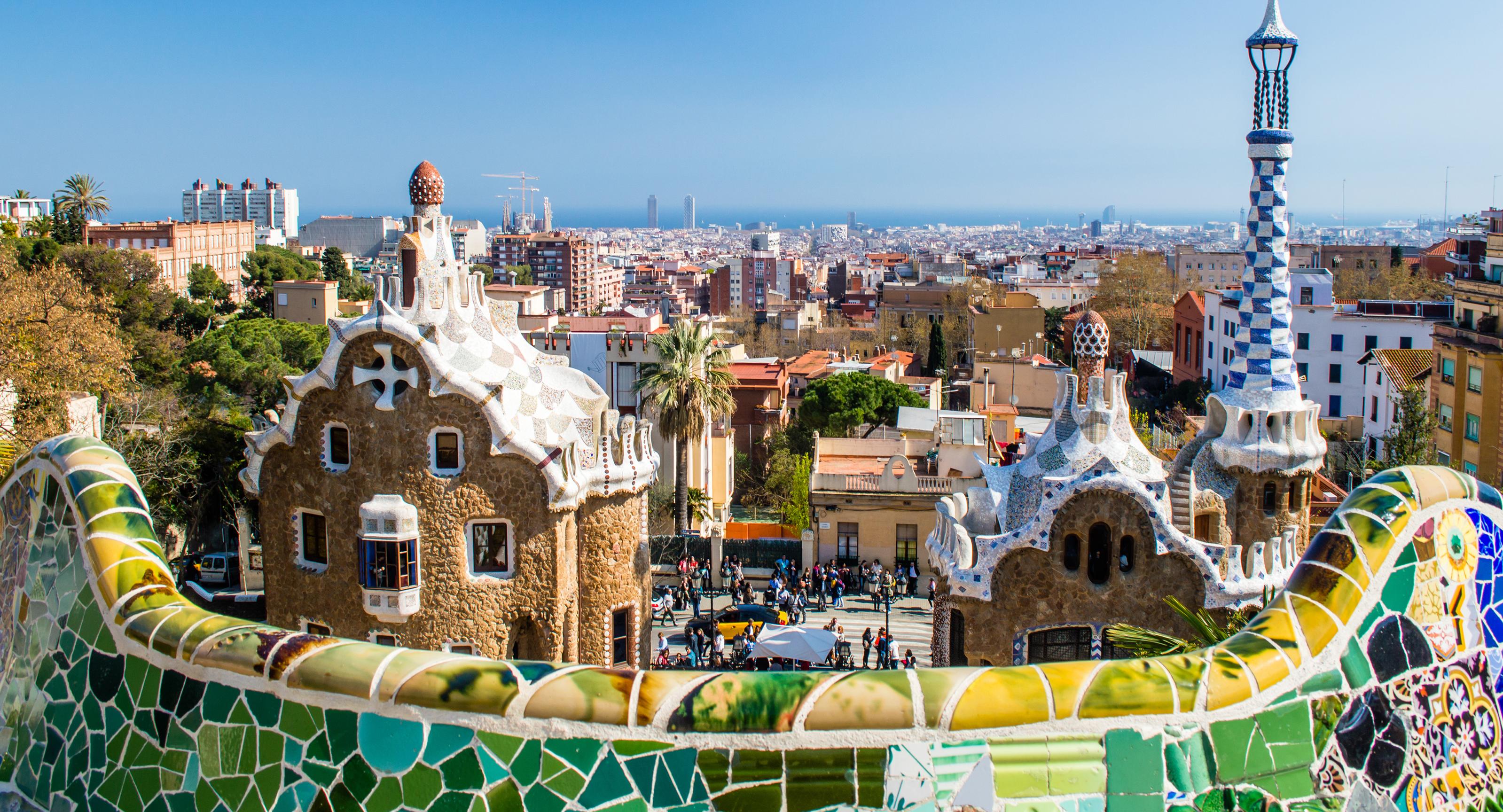 Madrid city view with colorful tile in the foreground