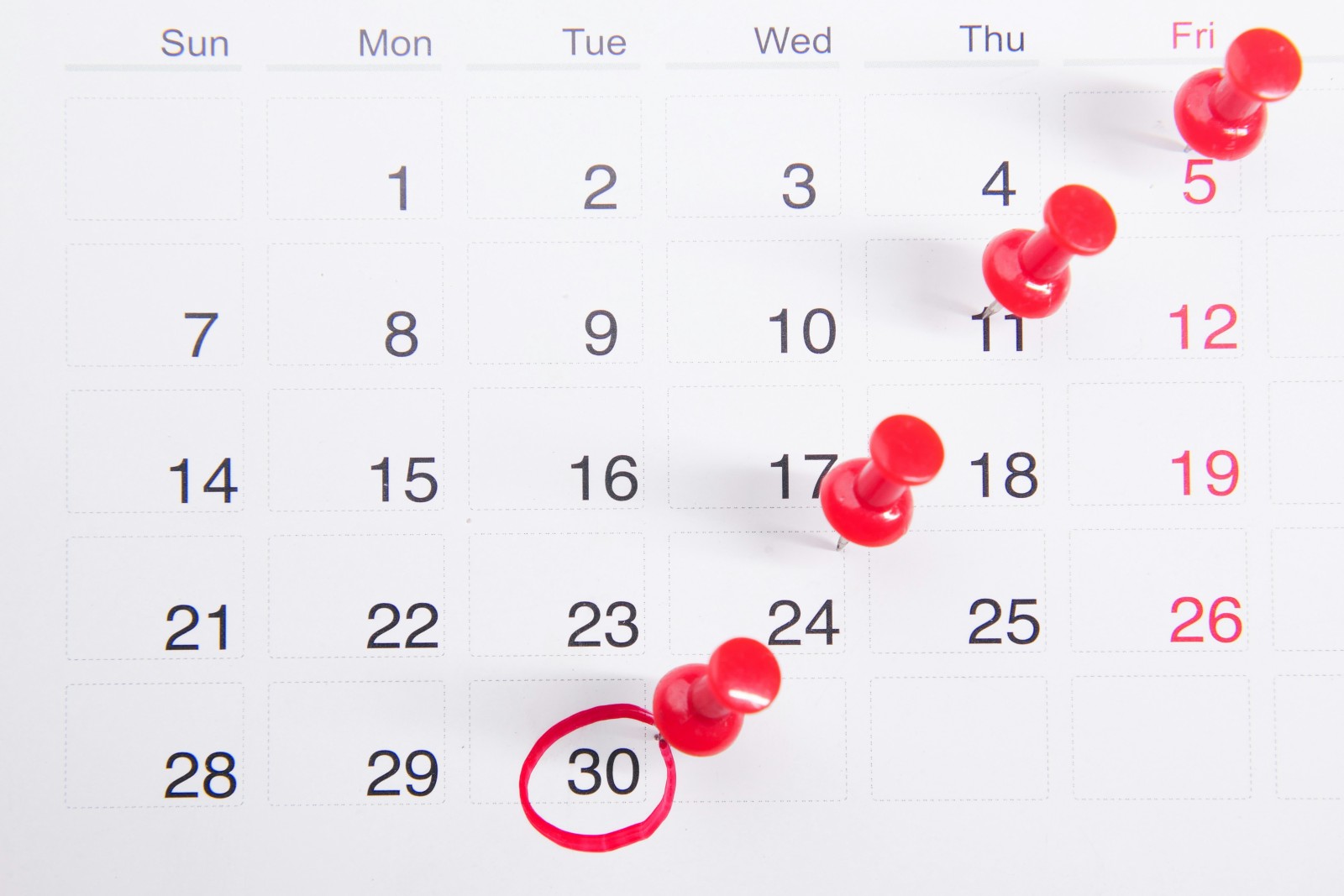 picture of a calendar with day 30 circled in red