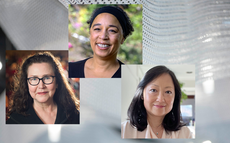 individual portraits of three people: Eve De Rosa, Cindy Hazan, and Qi Wang set on an abstract patterned white background