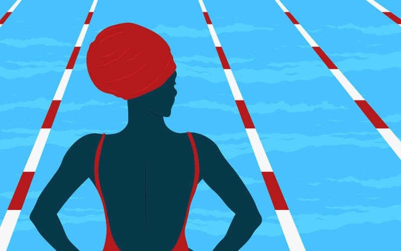 illustration of a dark-skinned woman with a red swim cap looking out over a blue swimming pool with red and white striped lane markers