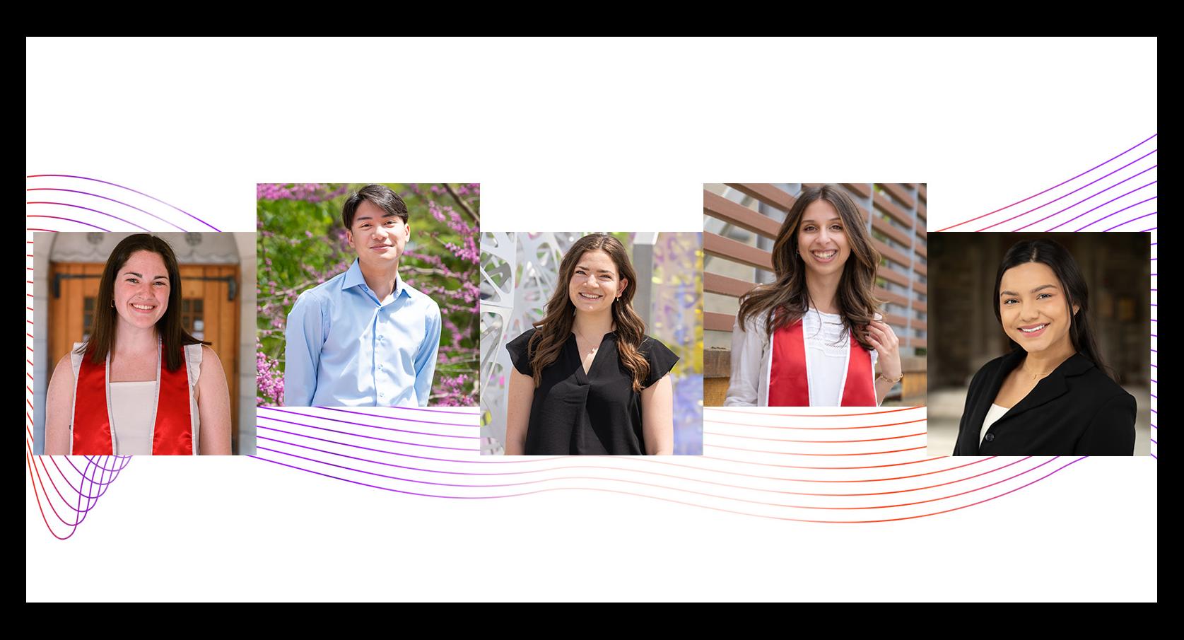 portraits of five undergrads with a graphic of swooping lines in red and purple gradient