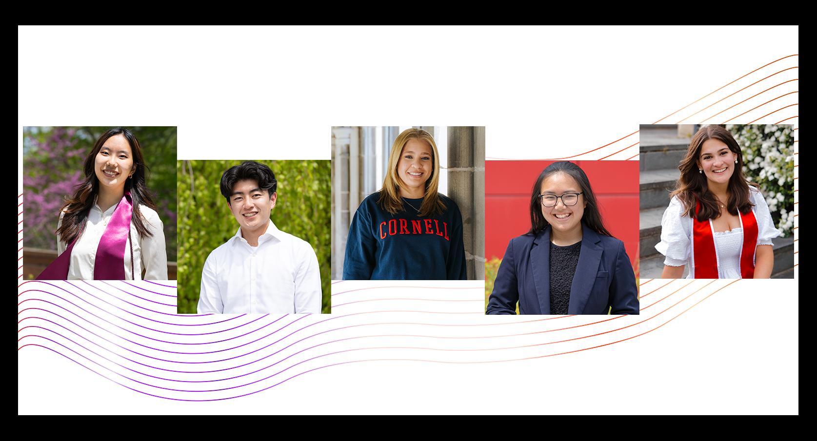 portraits of five undergrads with a graphic of swooping lines in red and purple gradient