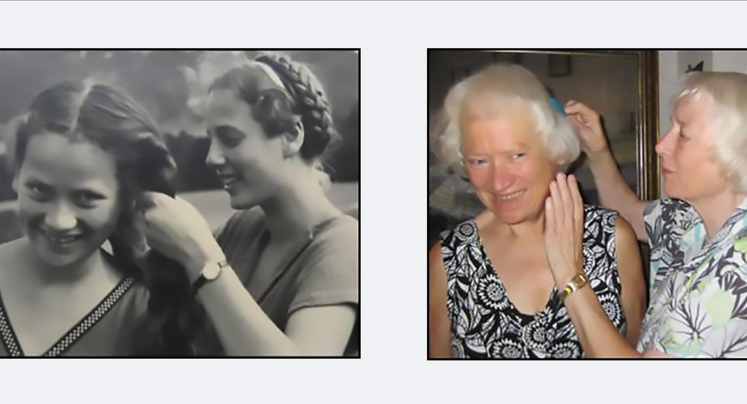pair of pictures of two women - one doing the other's hair. In one, both are young, in the other both are old