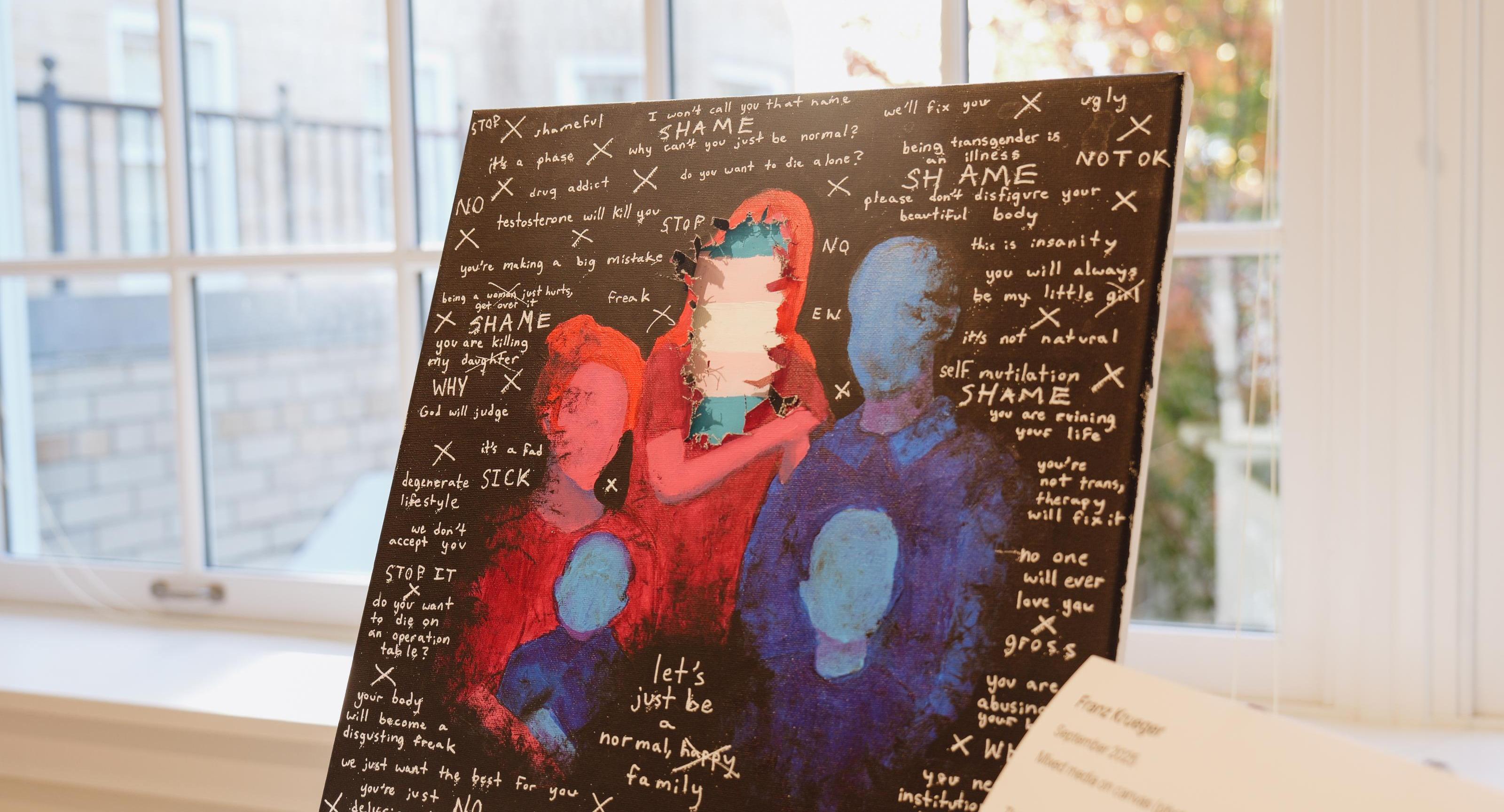 a painting that is surrounded by words on display in the MVR 1250 Gallery.