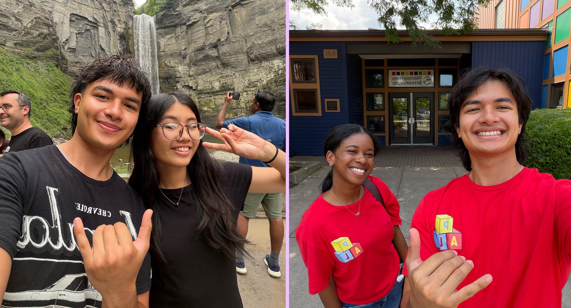 Two students pose infront of Ithaca landmarks.
