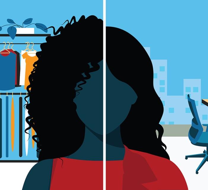 illustration of a black woman with a line down the center and natural, curly hair on one side and straightened hair on the other