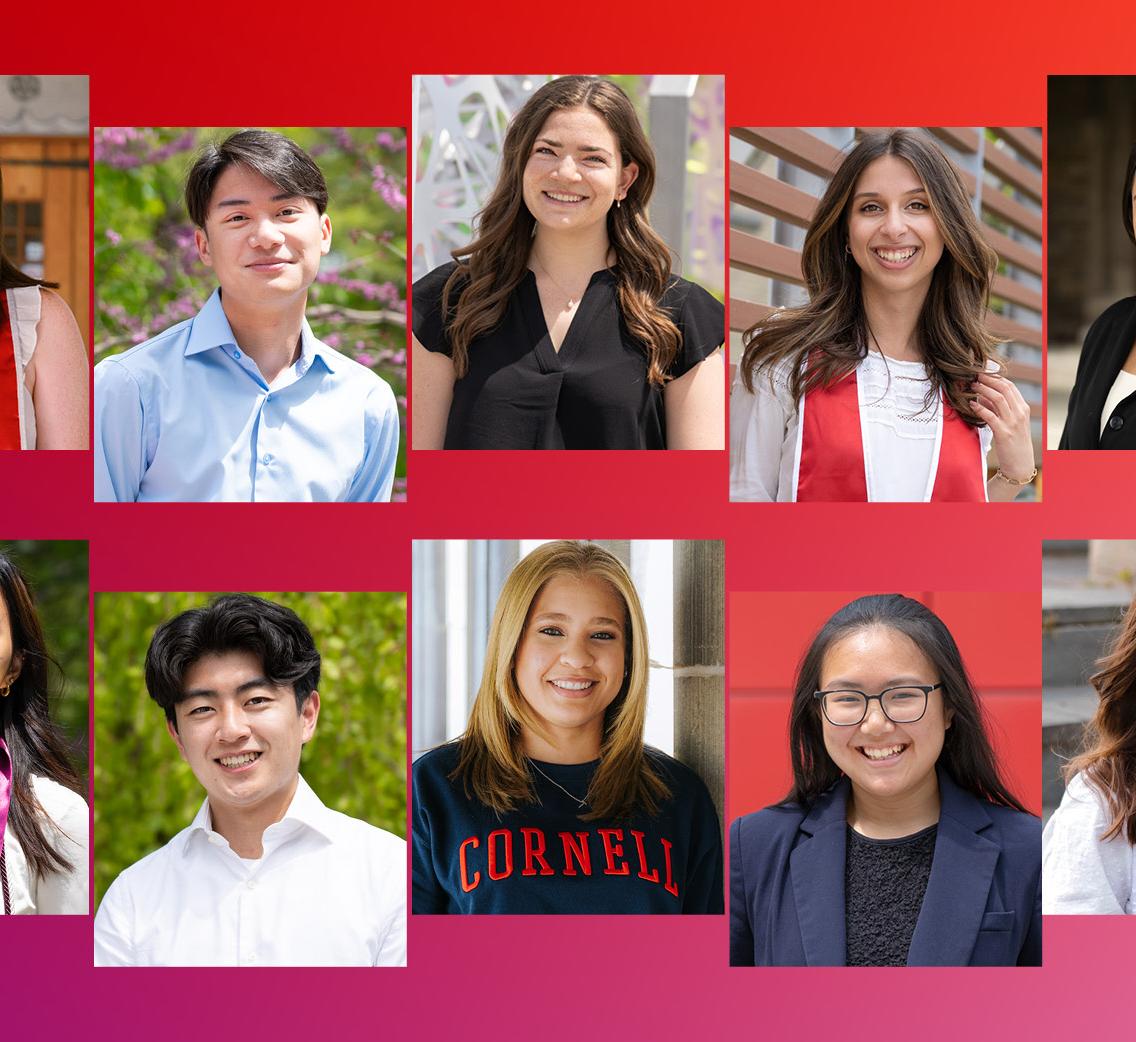 a graphic with ten portraits of undergrads on a solid gradient color background of red to purple