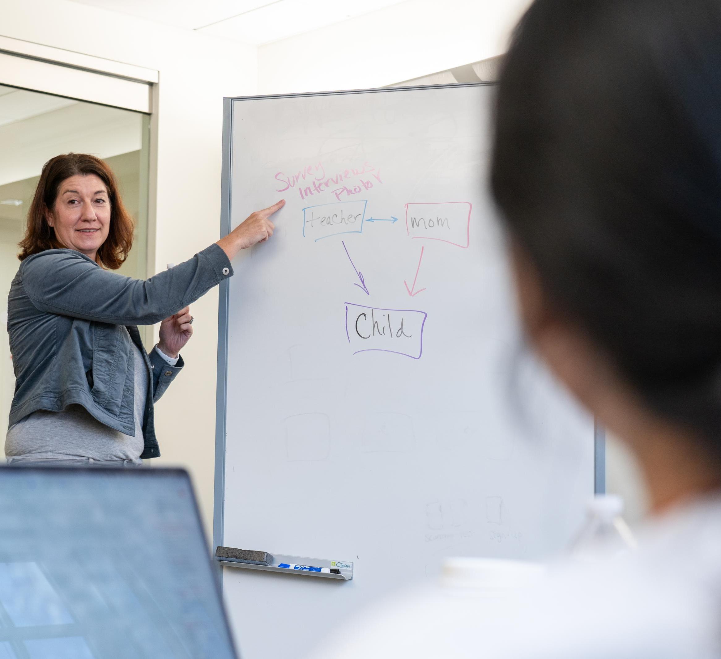 Laura Bellows draws on a marker board