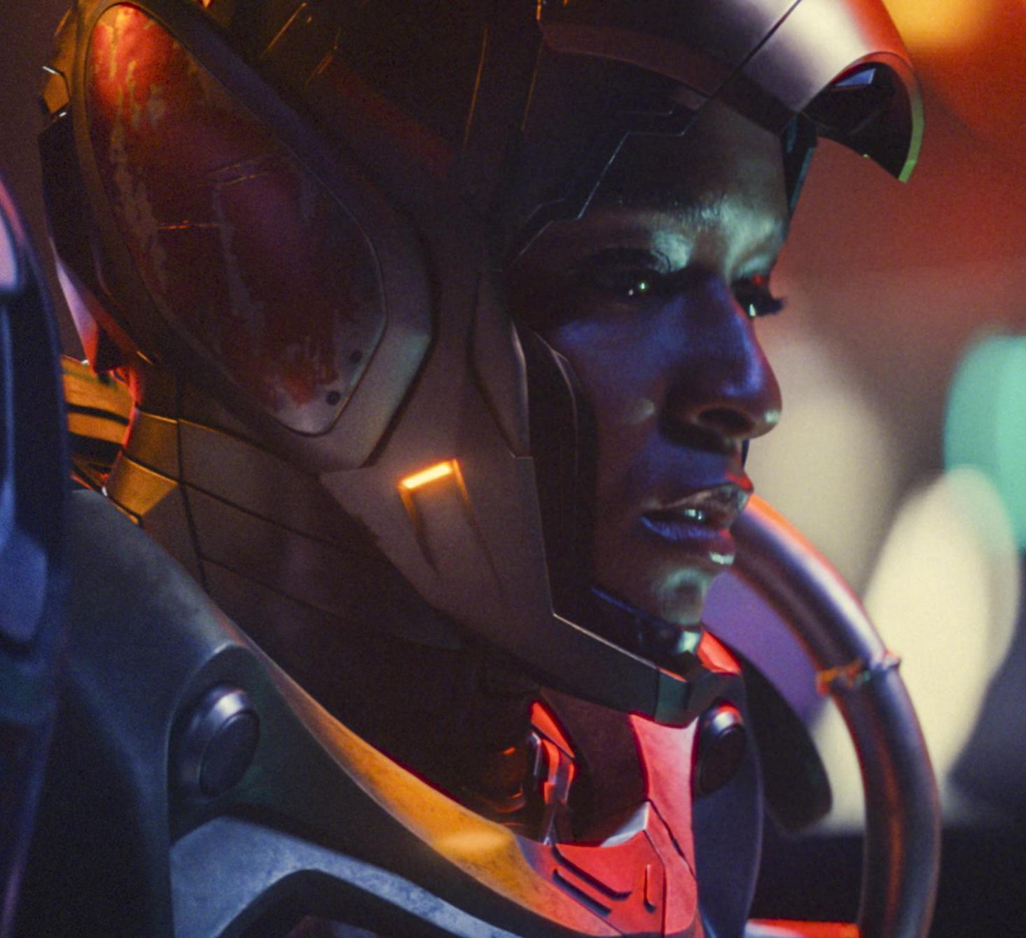 woman in futuristic helmet in a sci fi setting