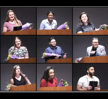 students receive flowers and an award