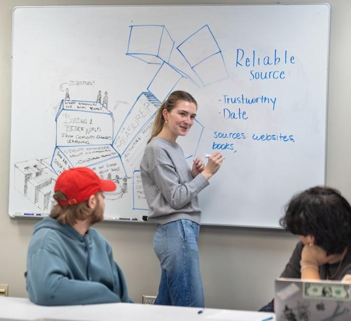 A student explains plans to two others 