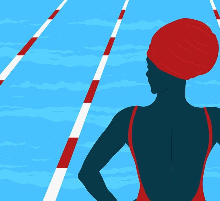 illustration of a woman standing at the side of a pool in a swim cap