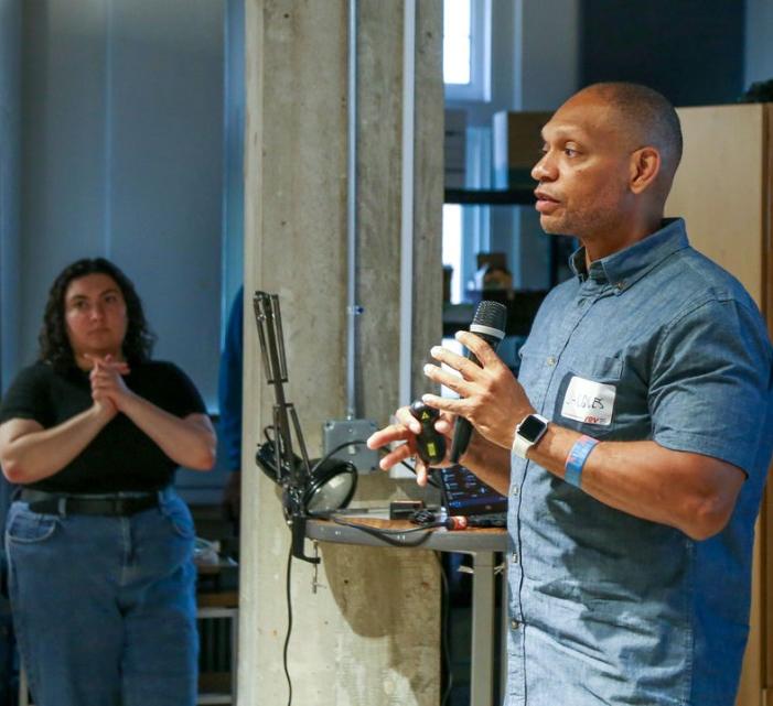 Jacques Stroud, a Prototyping Hardware Accelerator alum, pitches his idea for a wearable device that alerts users when they suffer from a mentally distressful episode.