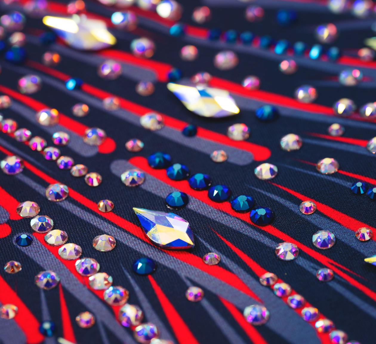 close up of Swarovski Crystals on an leotard