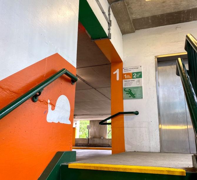image of colorful orange parking garage 