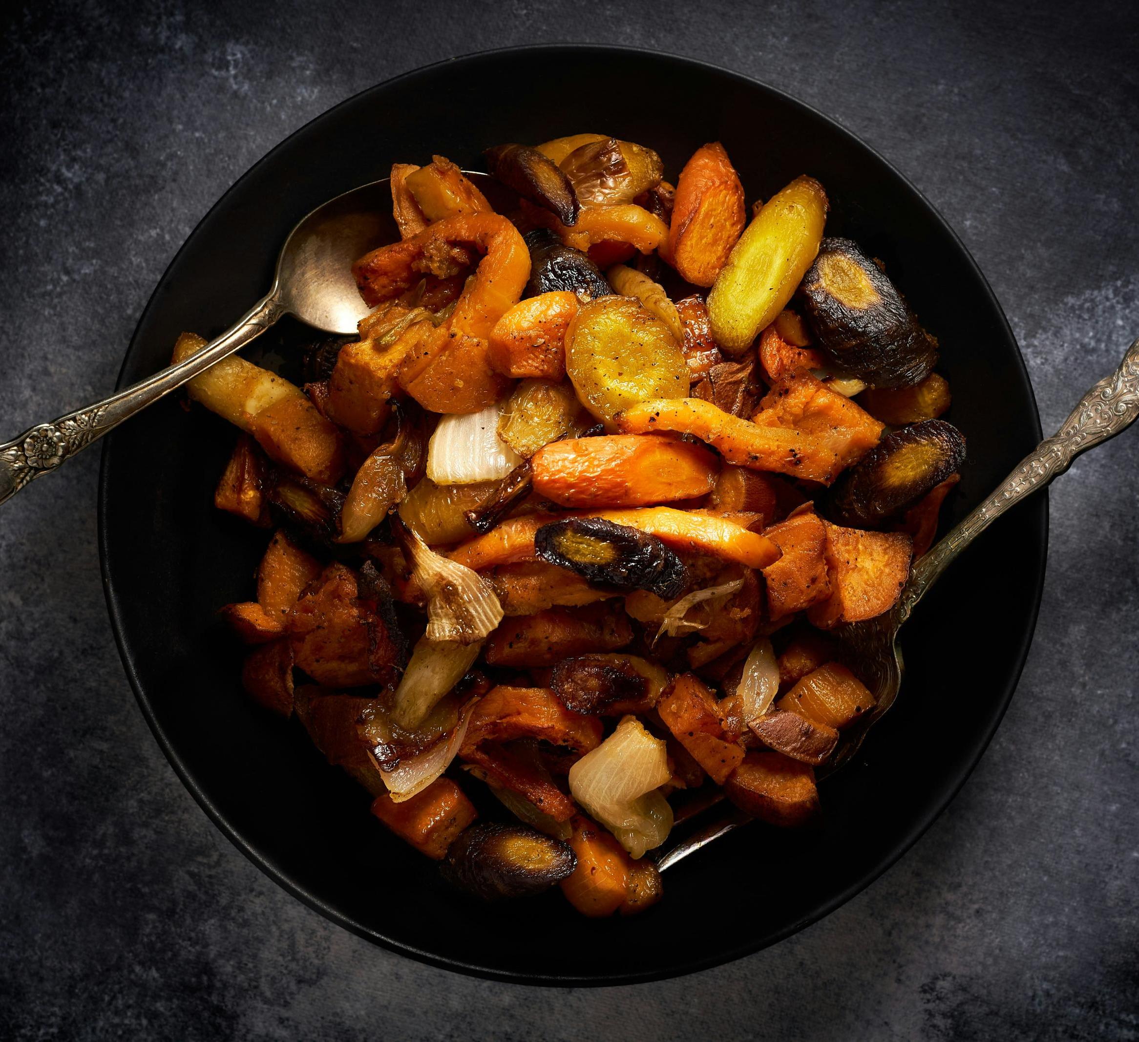 a bowl of roast vegetables 