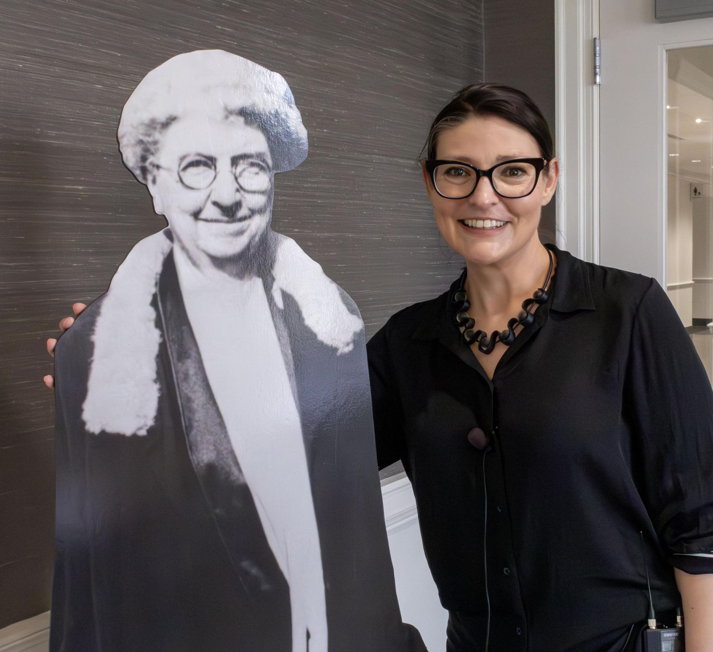 Tara Pearson poses with a cut out of MVR.